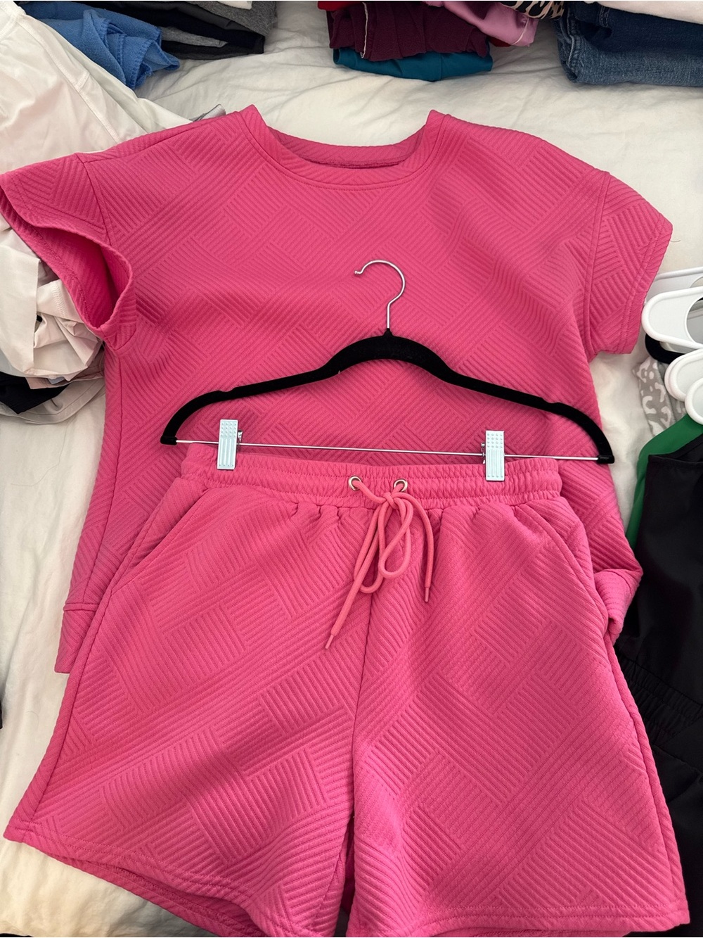 Women’s Hot Pink Textured Short Sleeve Top & Drawstring Shorts Set
